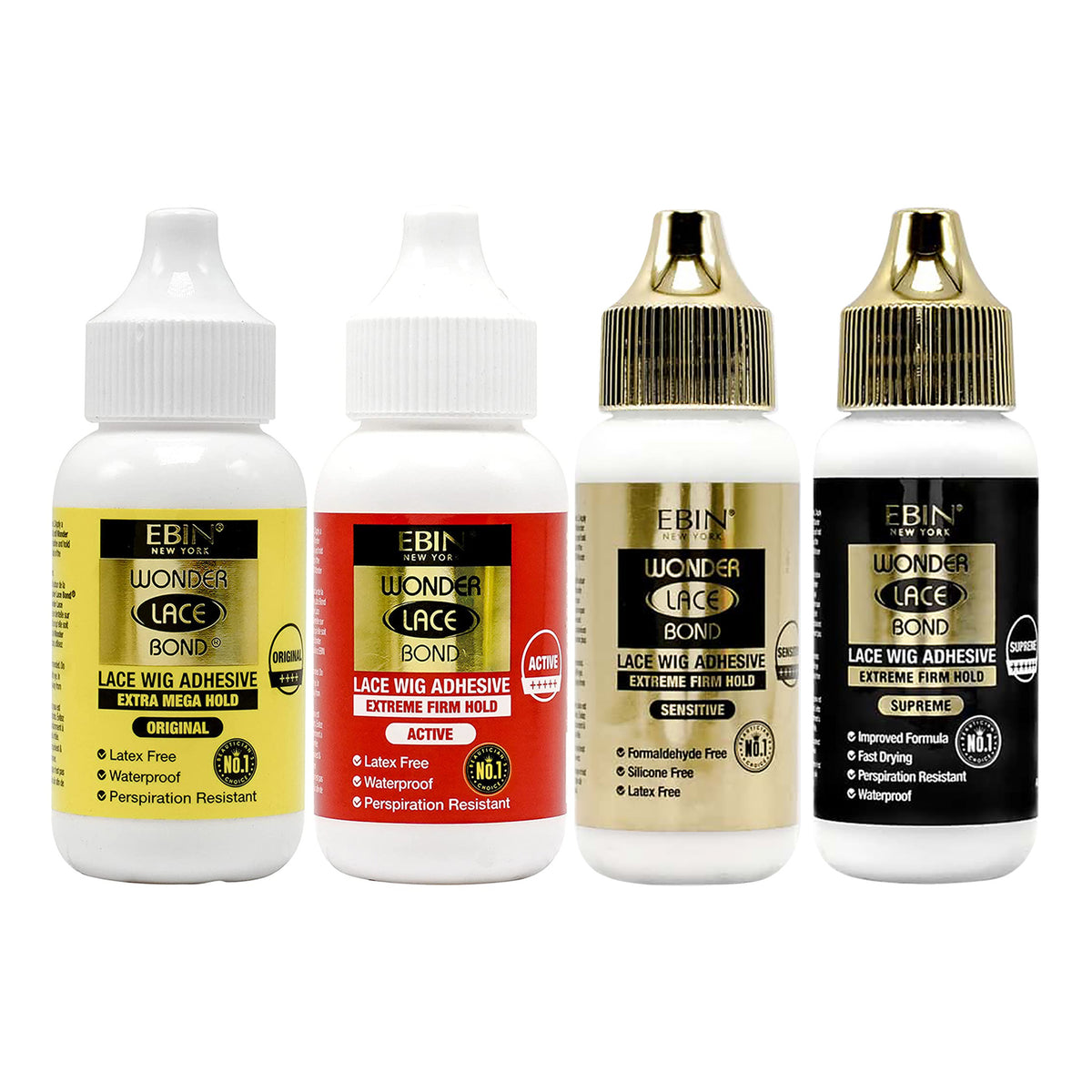 Four bottles of Ebin Wonder Lace Bond lace wig adhesive on a white background