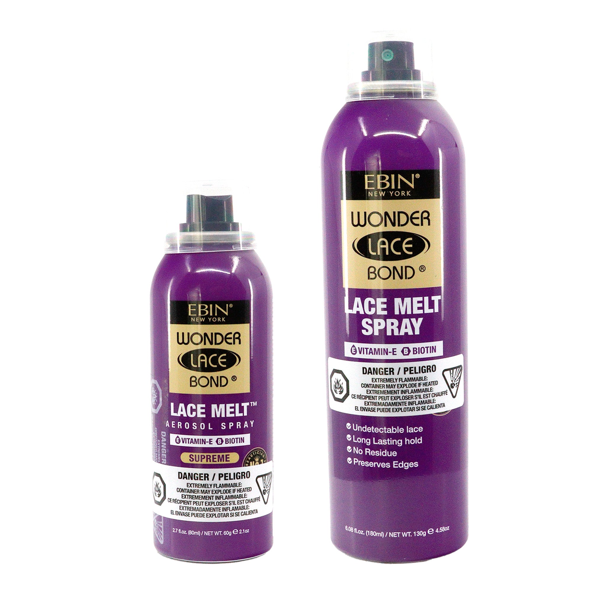 Two purple bottles of Ebin Wonder Lace Bond lace melt spray on a white background