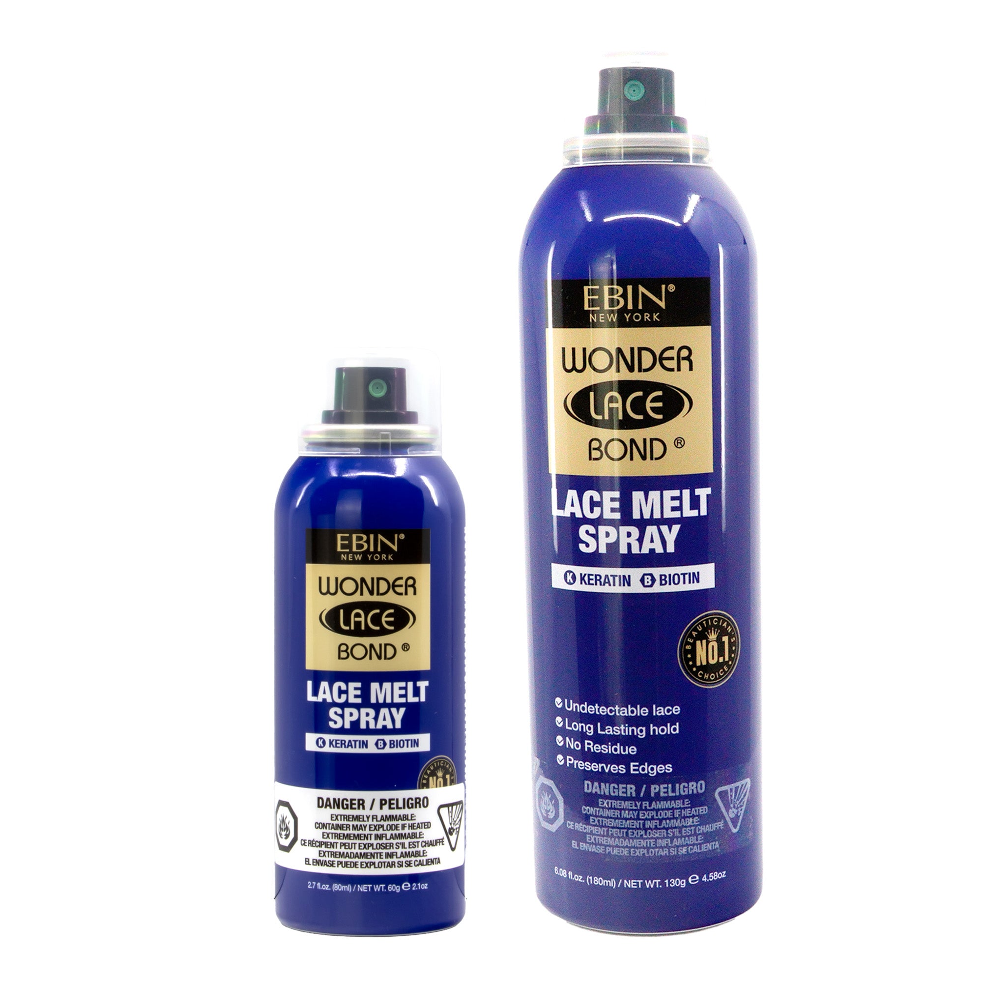 Two bottles of Ebin Wonder Lace Bond Lace Melt Spray on a white background