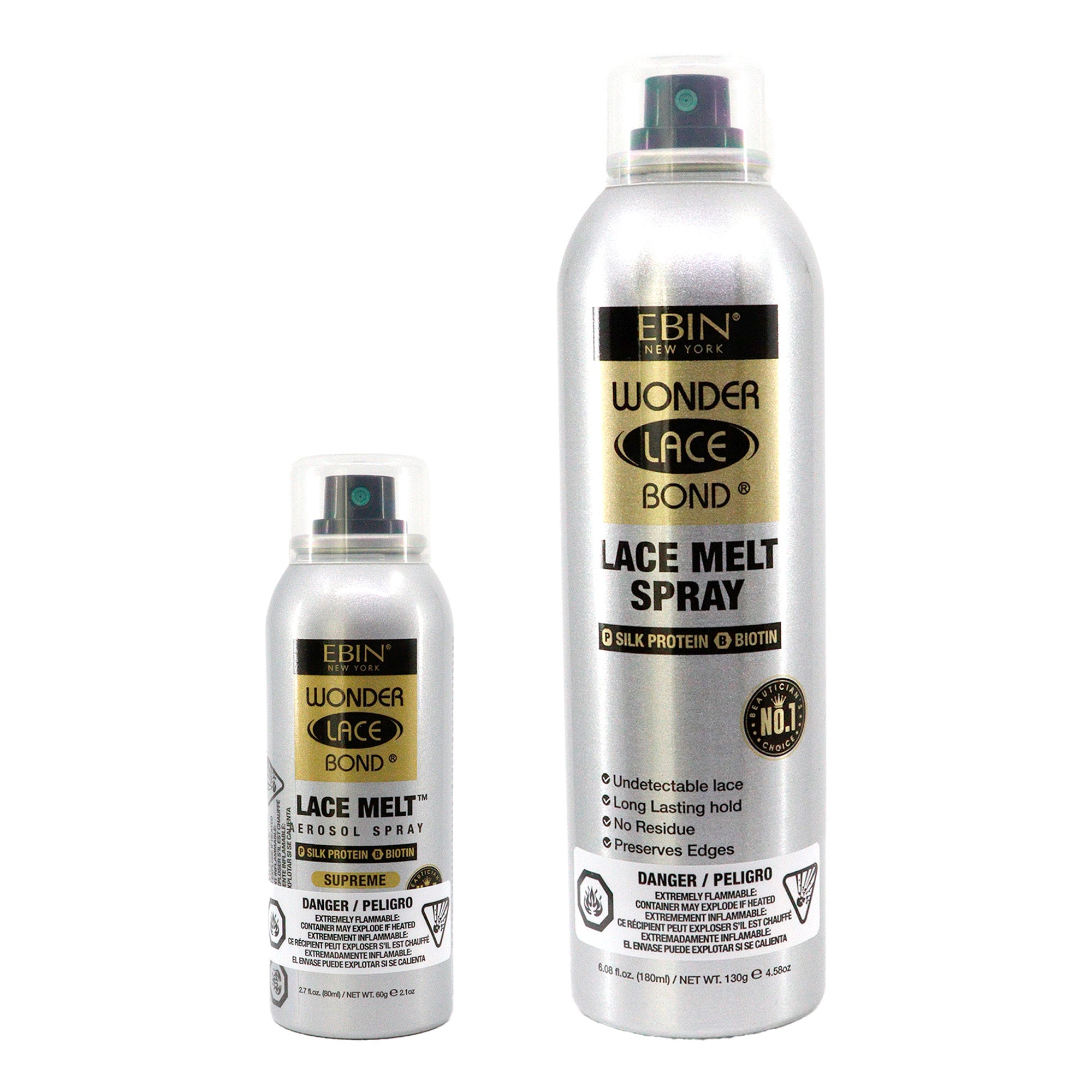 Two bottles of Ebin Wonder Lace Bond Lace Melt Spray on a white background