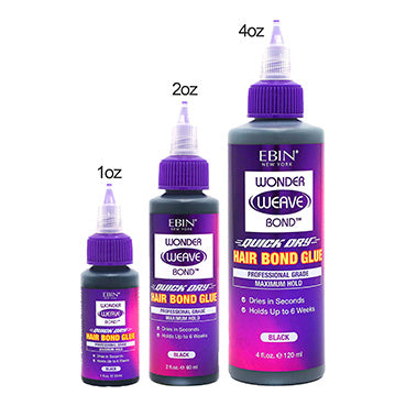Three bottles of Wonder Weave Hair Bond Glue in different sizes on a white background.