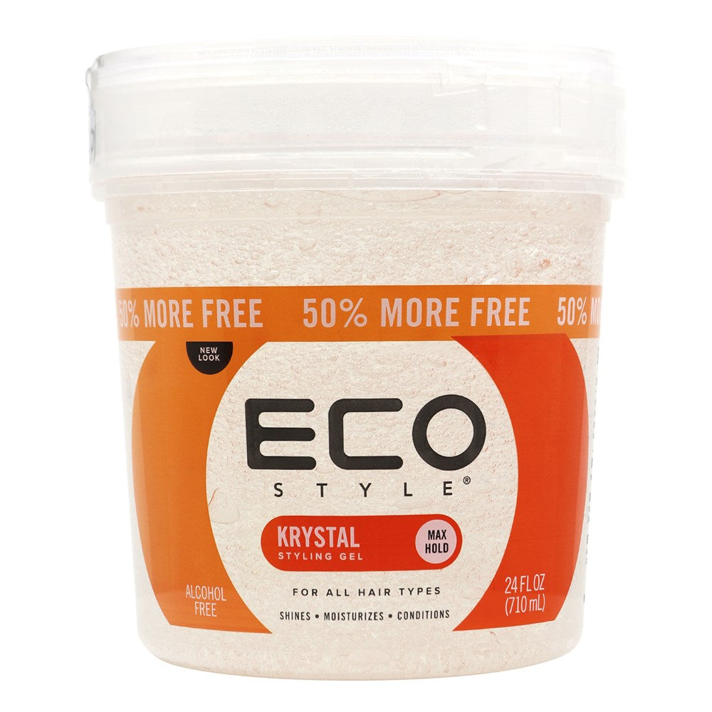 Eco Style Krystal Styling Gel container with orange and white label on a white background