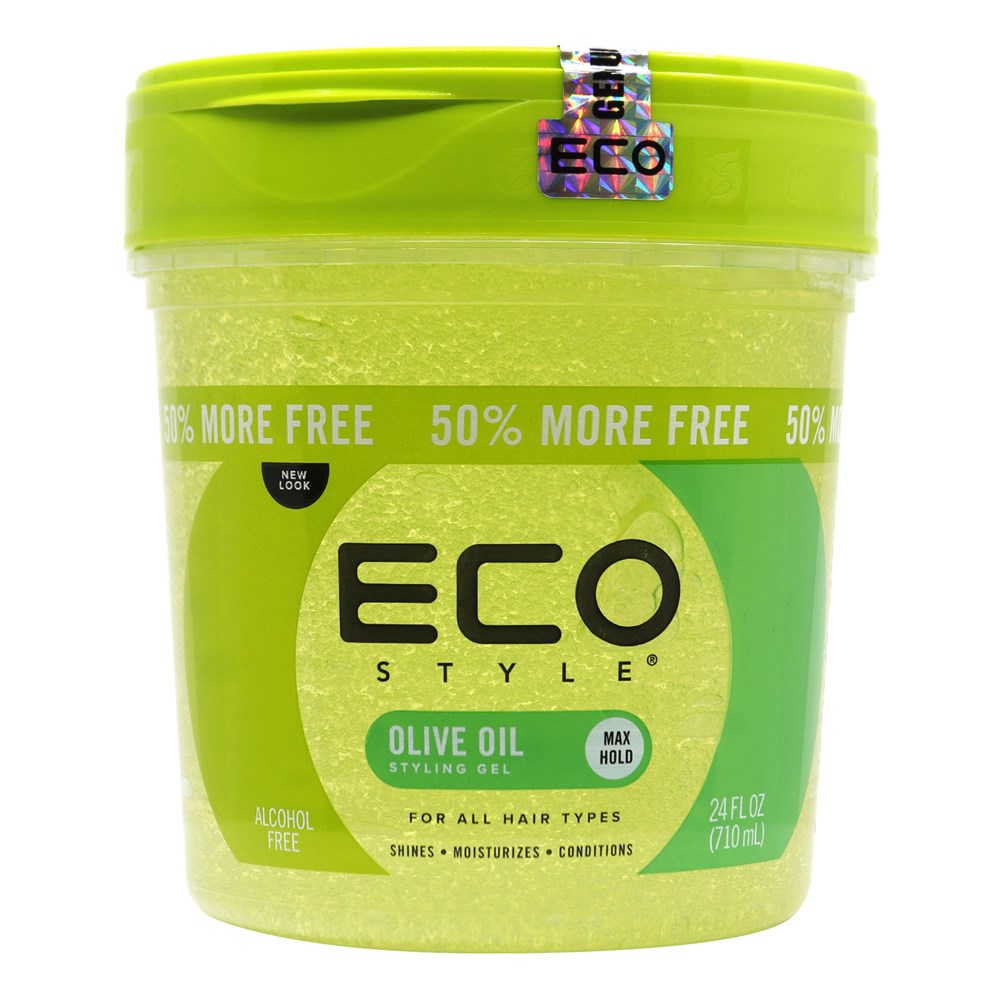 Green jar of Eco Style olive oil styling gel with a colorful label on a white background