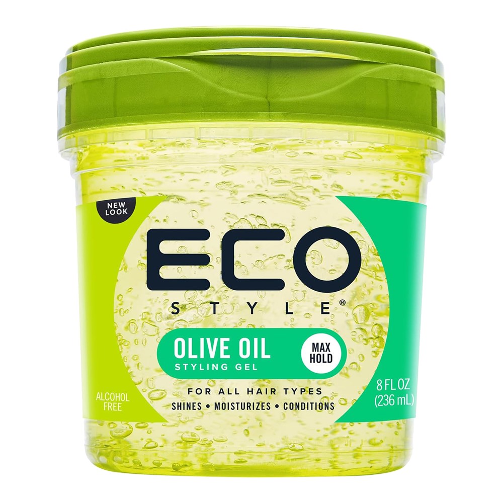 Green jar of Eco Style Olive Oil Styling Gel with a white background