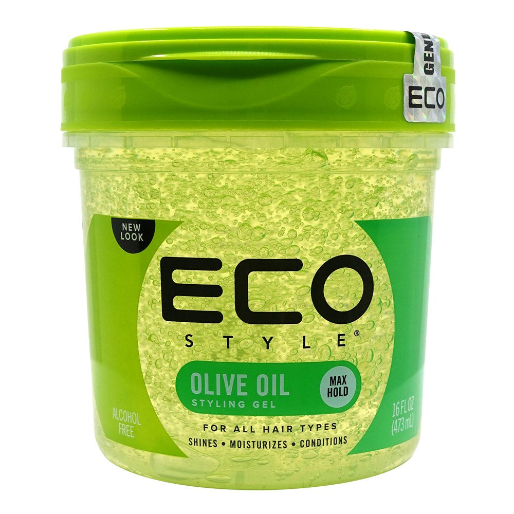 Green jar of Eco Style Olive Oil Styling Gel on a white background