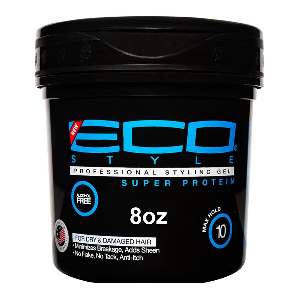Black jar of Eco Style Super Protein gel with blue and white text on a white background