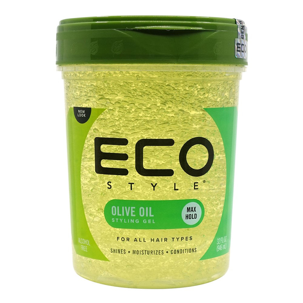 Green jar of Eco Style Olive Oil Styling Gel on a white background