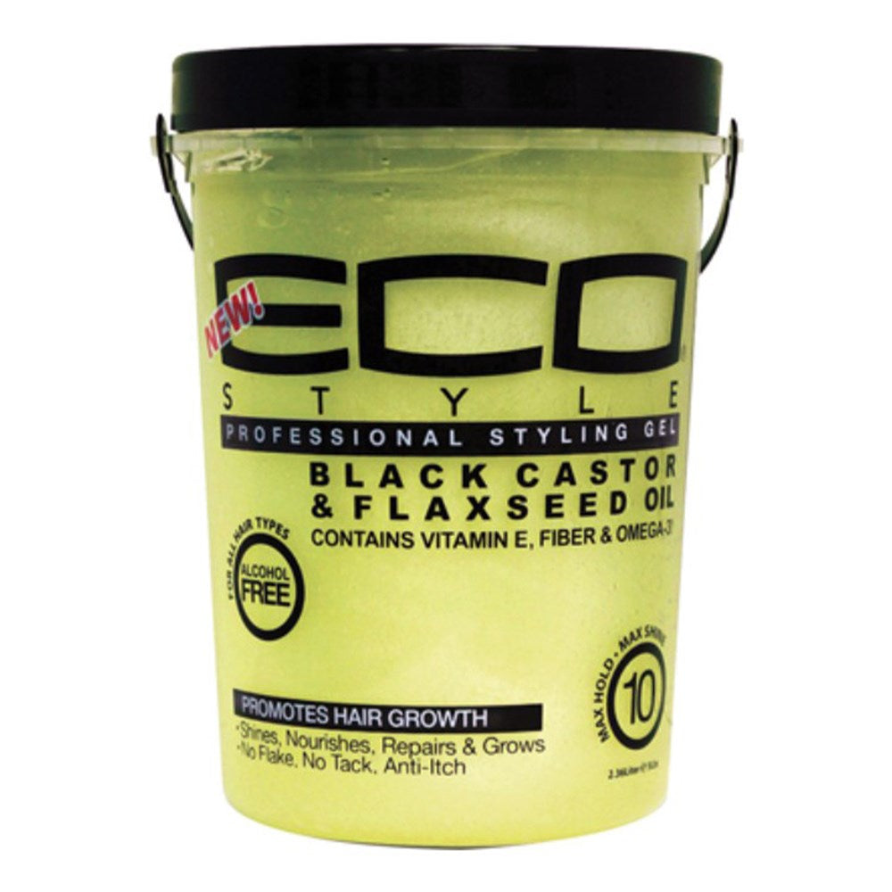 Yellow bucket of Eco Style Professional Styling Gel with black lid on a white background