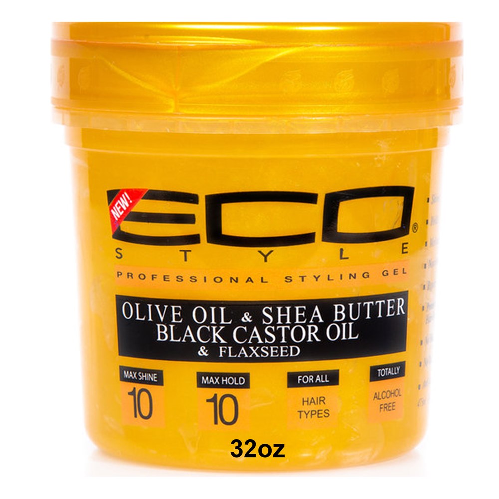 Yellow jar of Eco Style styling gel with black text on a white background
