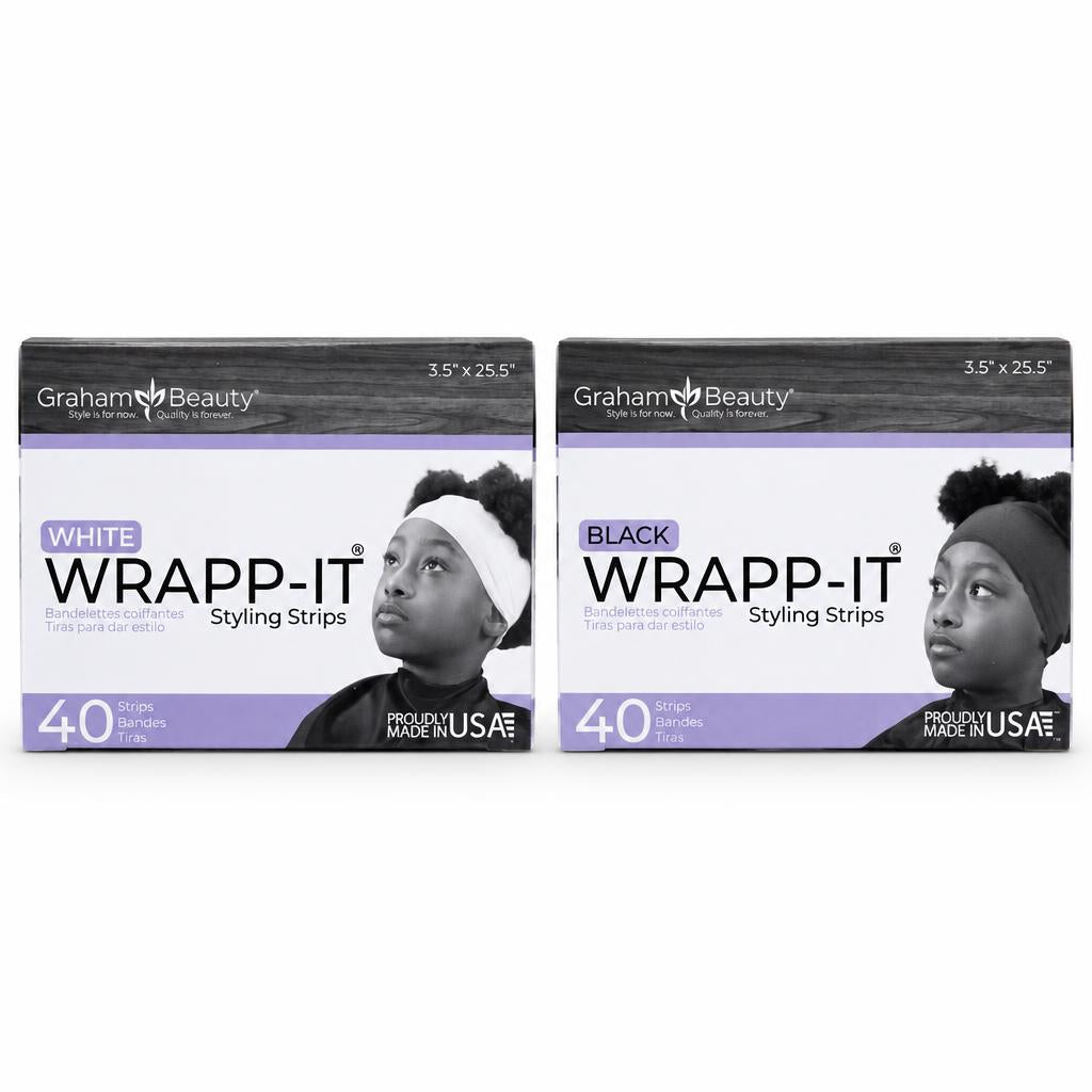 Two boxes of Grahani Beauty WRAPP-IT Styling Strips side by side on a white background, one labeled WHITE and the other labeled BLACK.