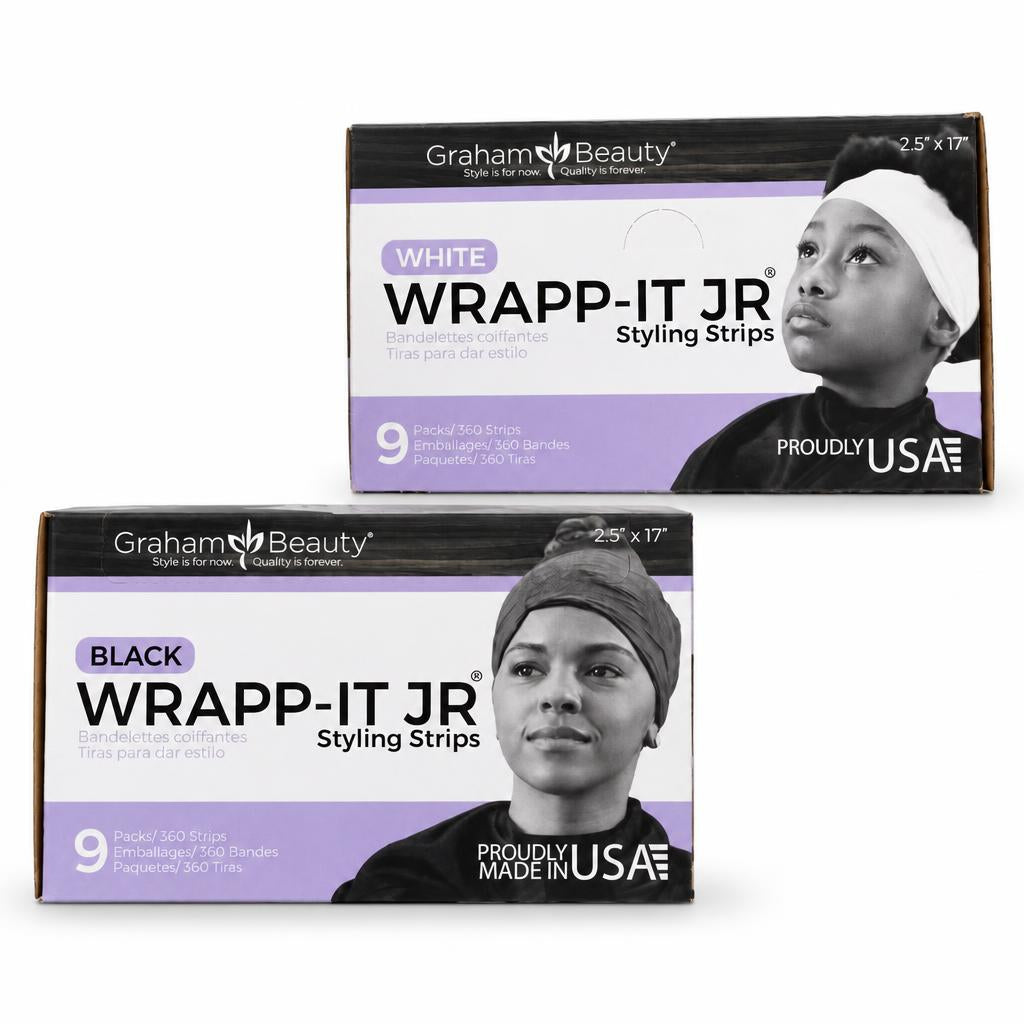 Two boxes of Graham Beauty Wrapp-It Jr Styling Strips shown on a white background, one labeled WHITE and one labeled BLACK, each featuring a model wearing a head wrap.