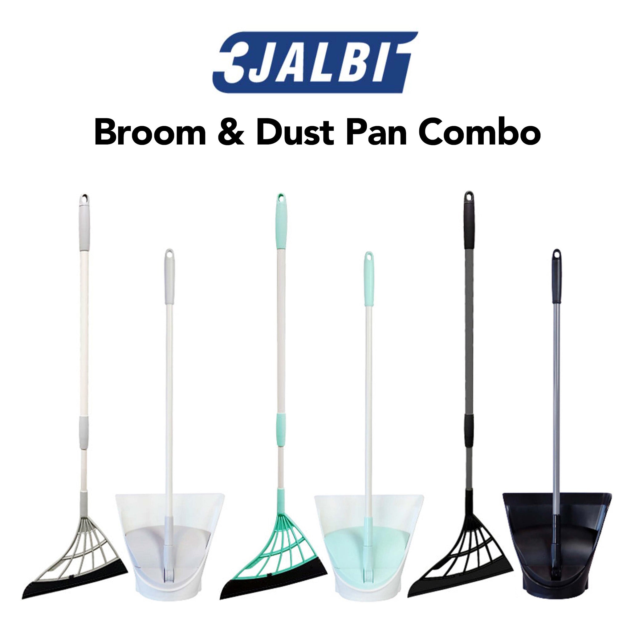 Set of broom and dust pan combos with 3JALBIT branding on a white background