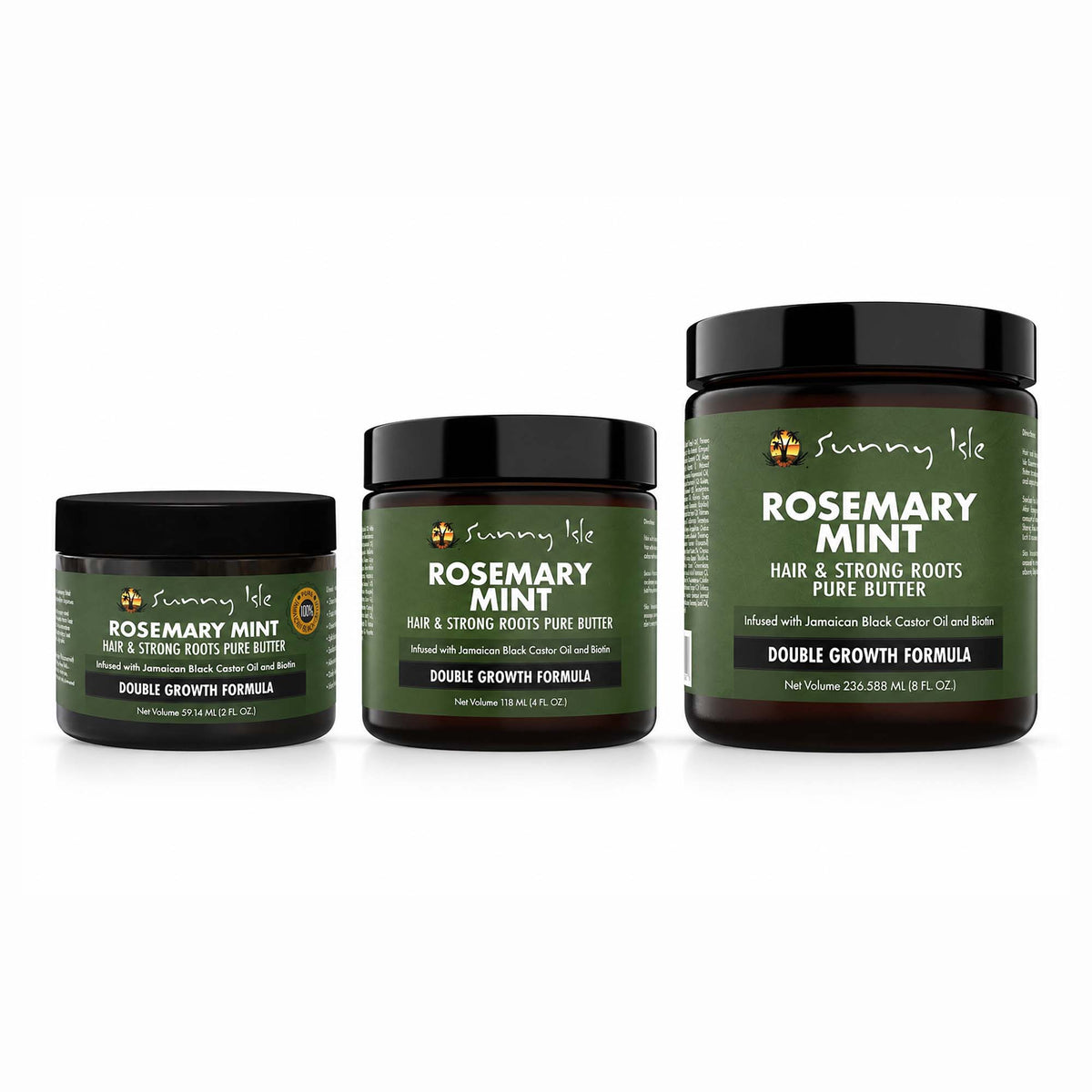 Three jars of Sunny Isle Rosemary Mint Hair & Strong Roots Pure Butter double growth formula arranged in a row on a white background.