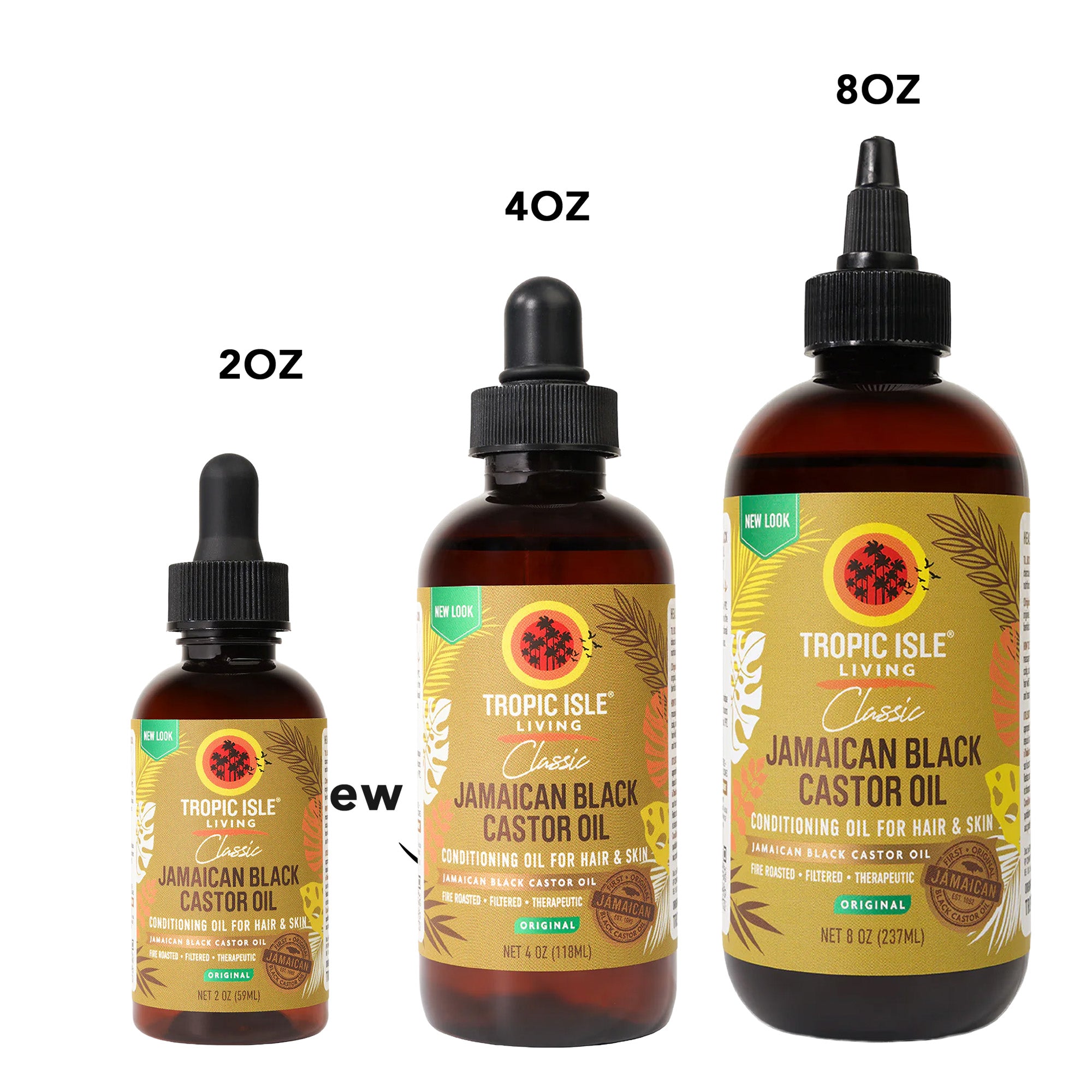 2oz, 4oz, 8oz tropic isle living classic jamaican black castor oil on the white background