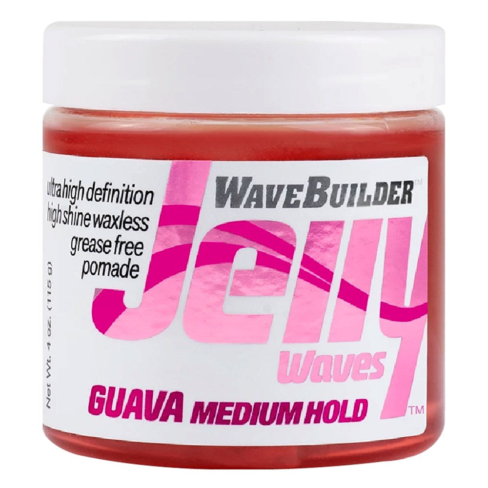 Jar of WaveBuilder Jelly Waves Guava Medium Hold pomade with pink and white label.