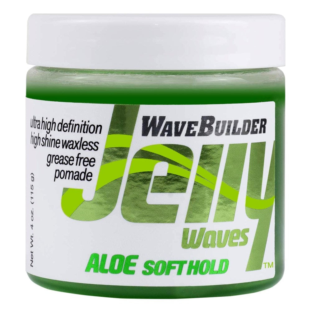 Jar of WaveBuilder Jelly Waves Aloe Soft Hold pomade with green and white design.