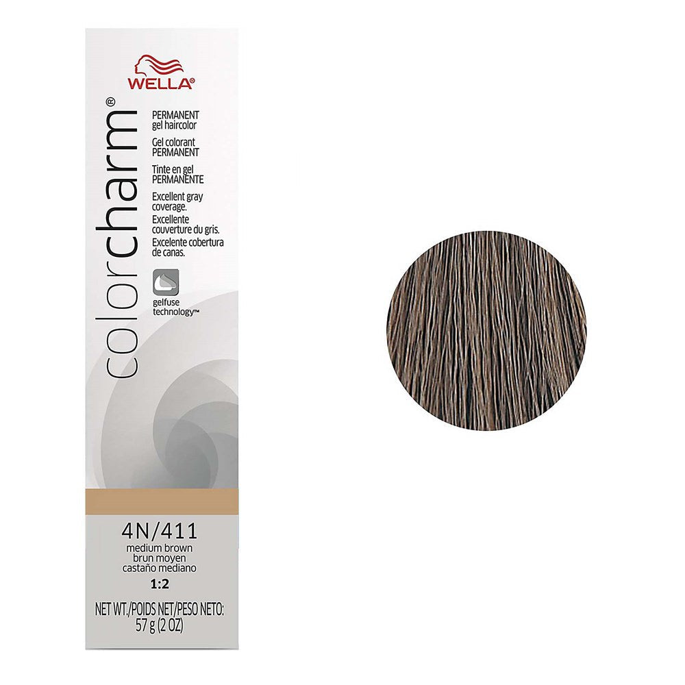 Wella Color Charm hair color packaging with a medium brown swatch on a white background
