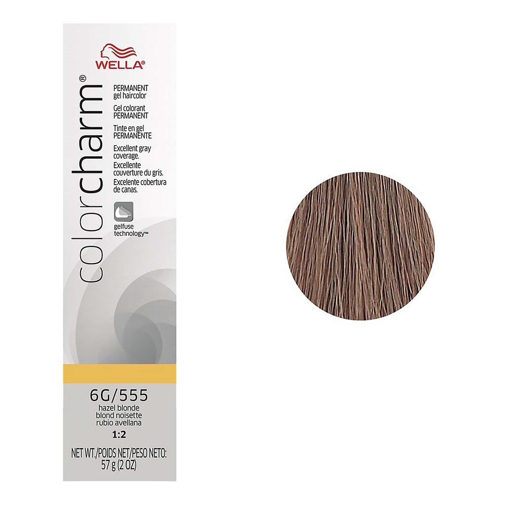 Wella Color Charm hair color packaging with a brown hair sample on a white background