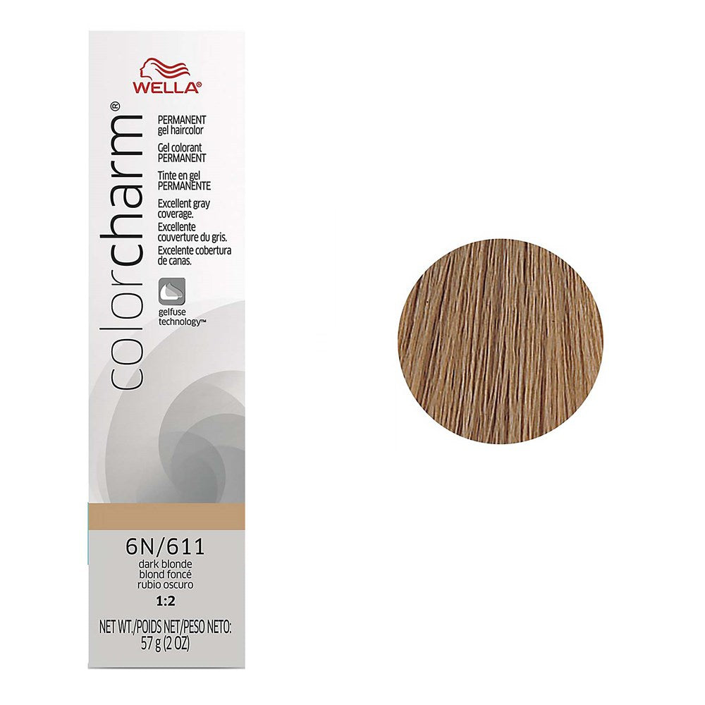 Wella Color Charm hair color packaging with a blonde hair sample on a white background