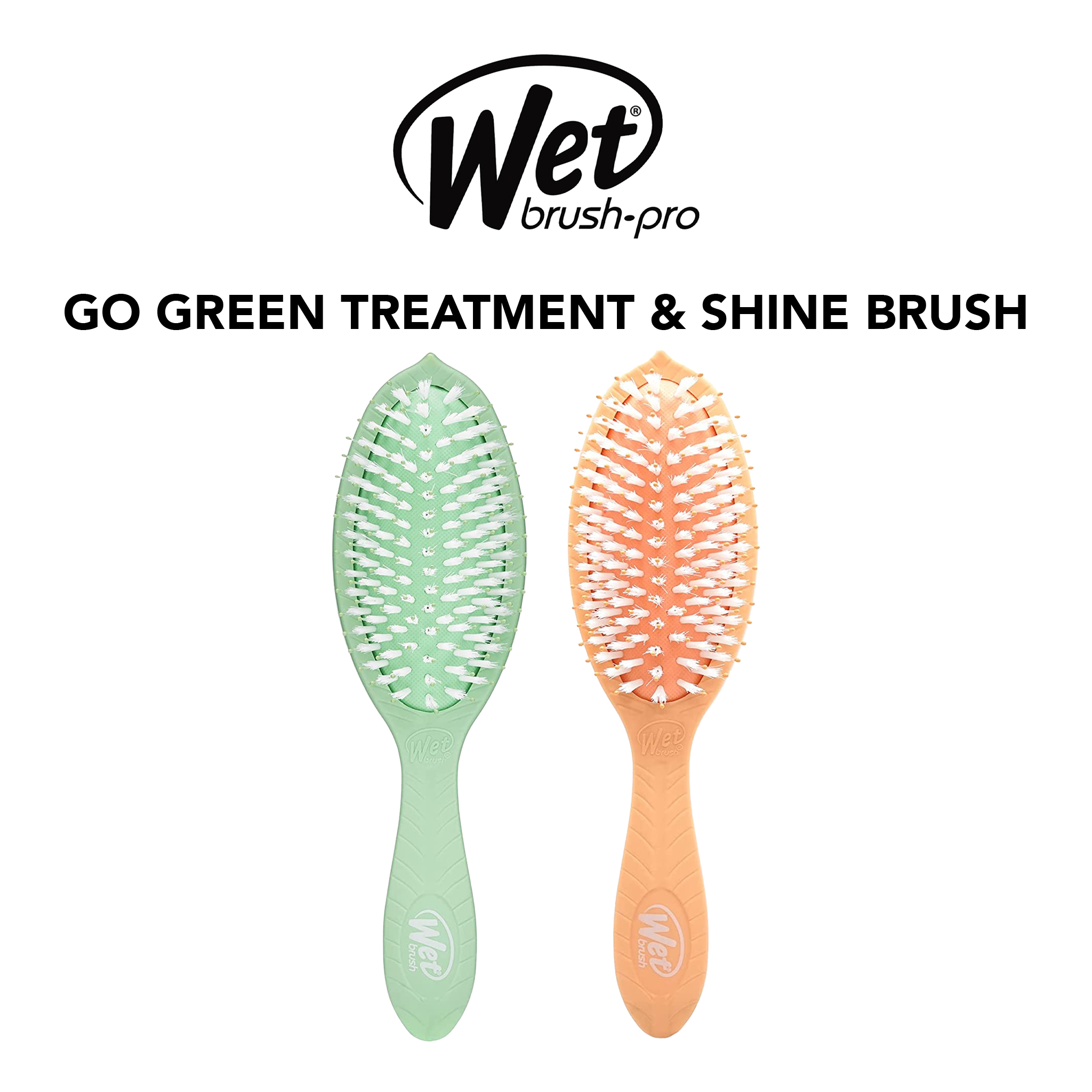 Two hairbrushes, one green and one orange, with 'Wet Brush Pro' branding on a white background.