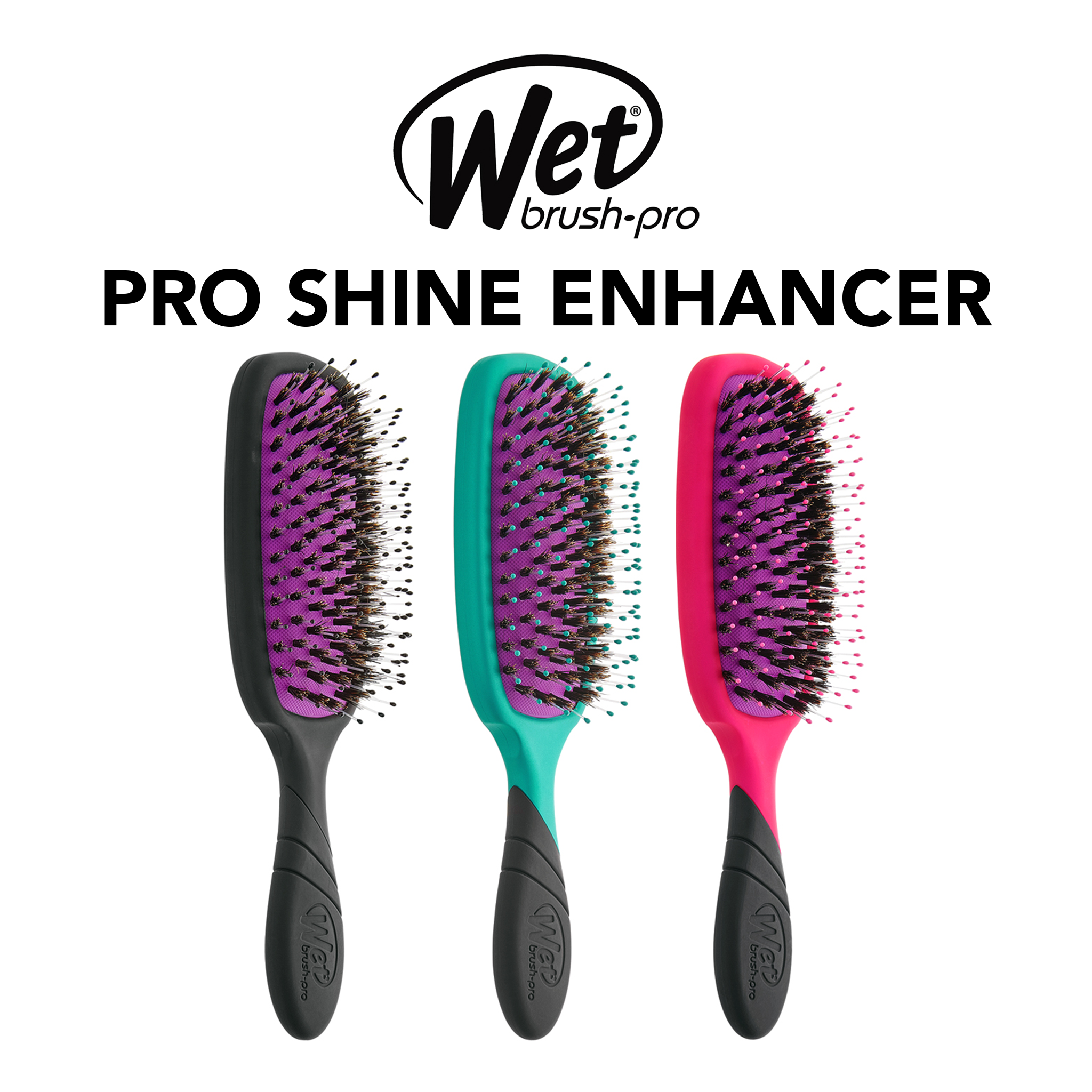 Three hairbrushes with black handles and colorful bristle heads on a white background, featuring the Wet Brush Pro logo.