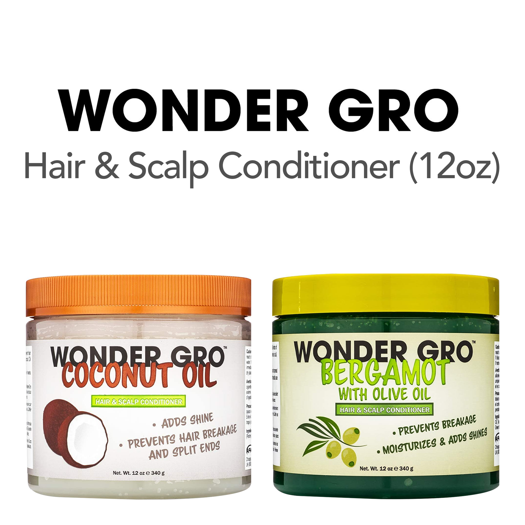 Two Wonder Gro hair and scalp conditioner jars, one coconut oil and one bergamot with olive oil, on a white background.