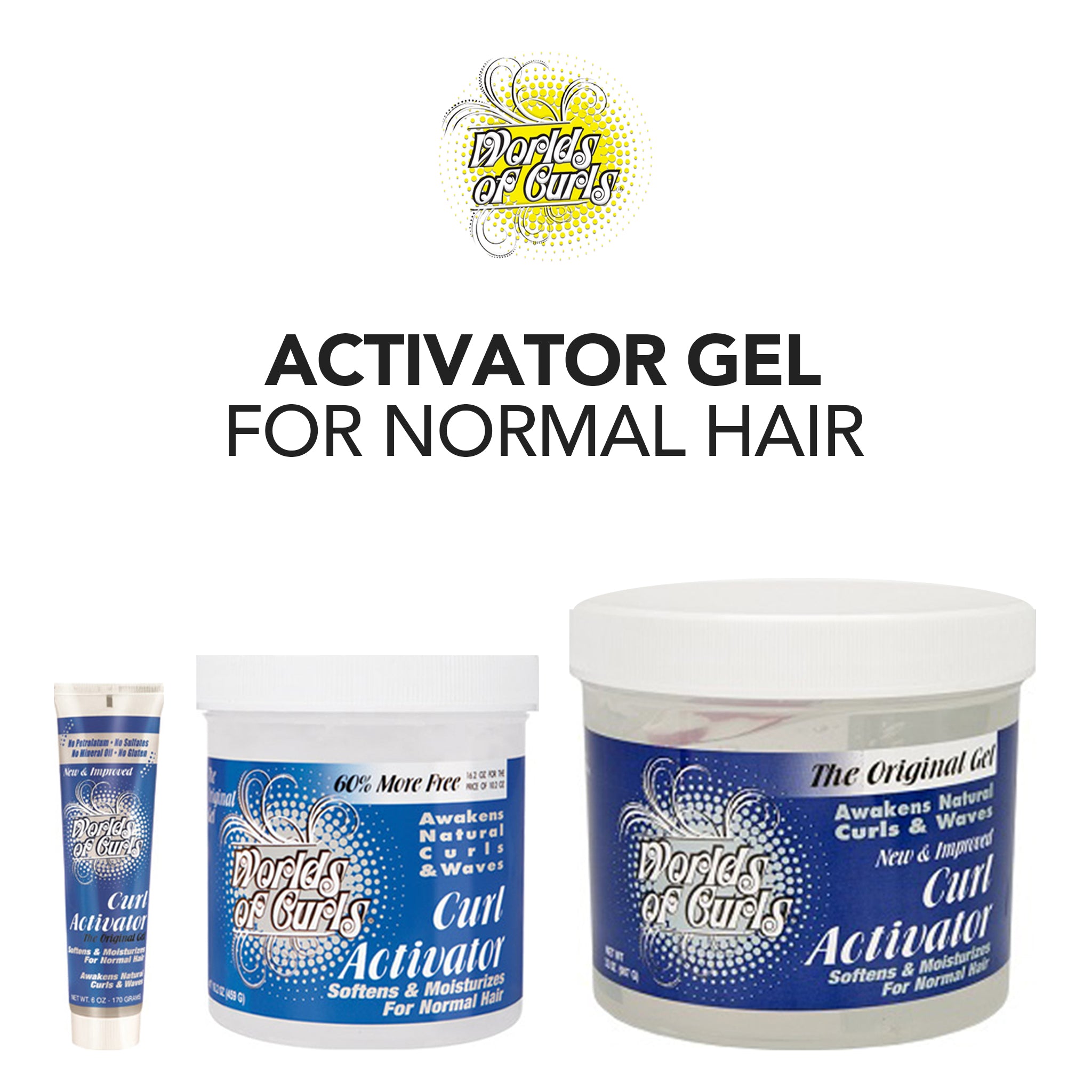 Curl Activator Gel for normal hair with 'Worlds of Curls' branding on a white background.