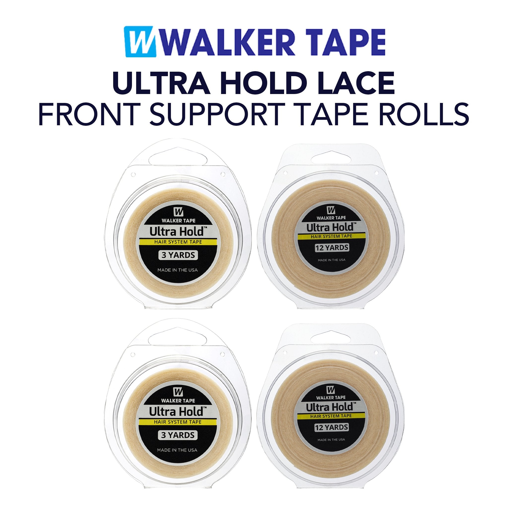 Four rolls of Walker Tape Ultra Hold Lace Front Support Tape on a white background with brand name displayed.