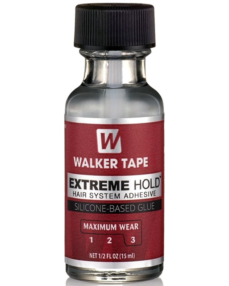 Bottle of Walker Tape Extreme Hold hair system adhesive on a white background