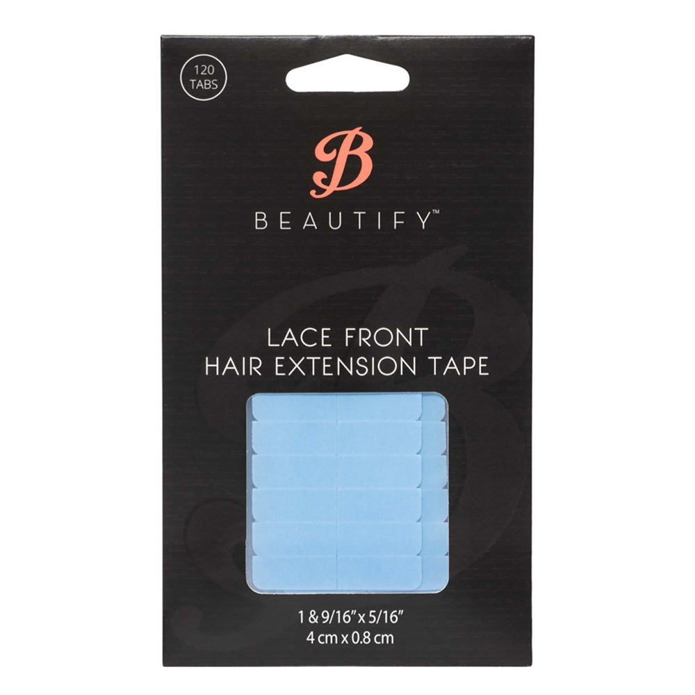 Packaging of Beautify lace front hair extension tape with a blue sample on a black background.