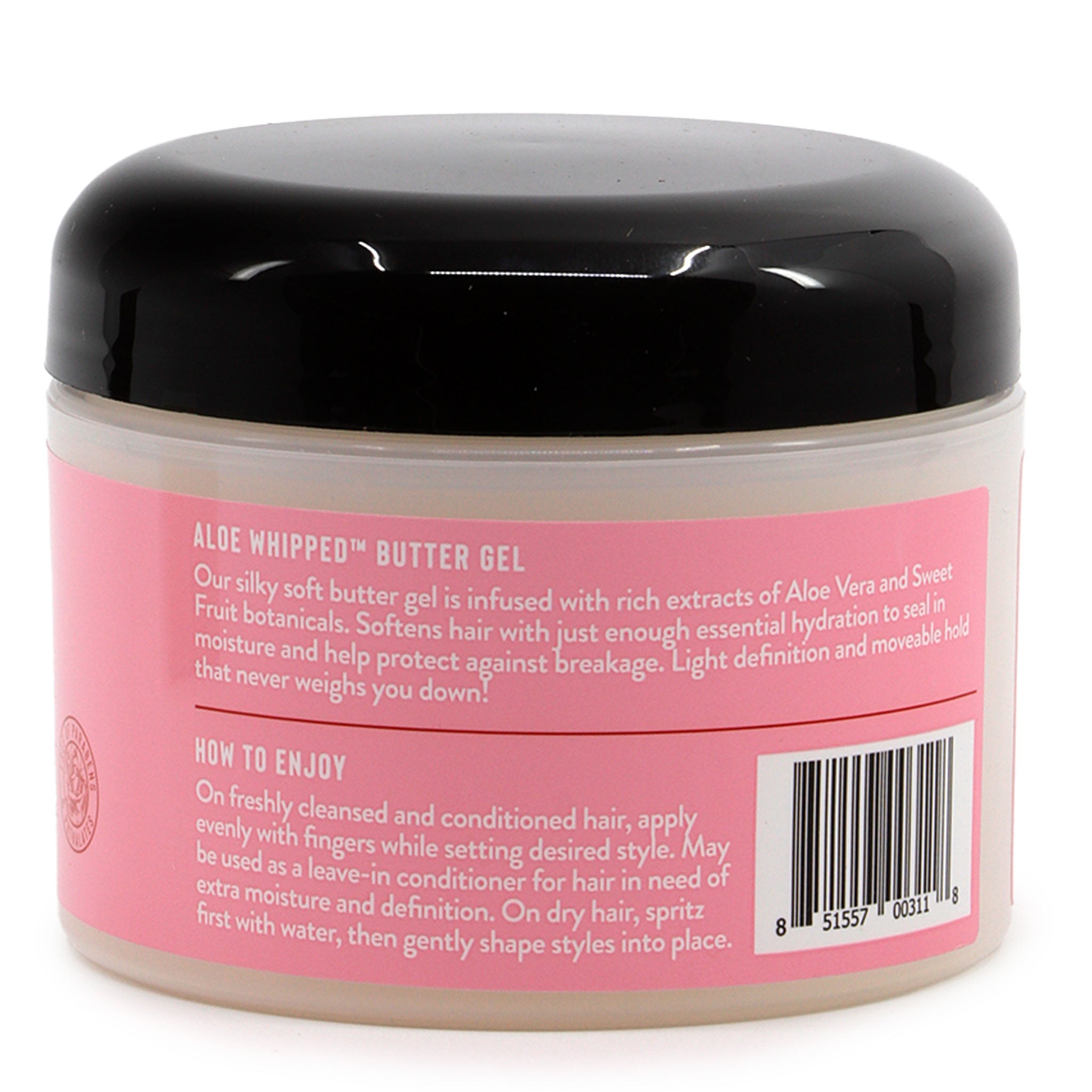 Jar of Aloe Whipped Butter Gel with pink label and black lid on a white background