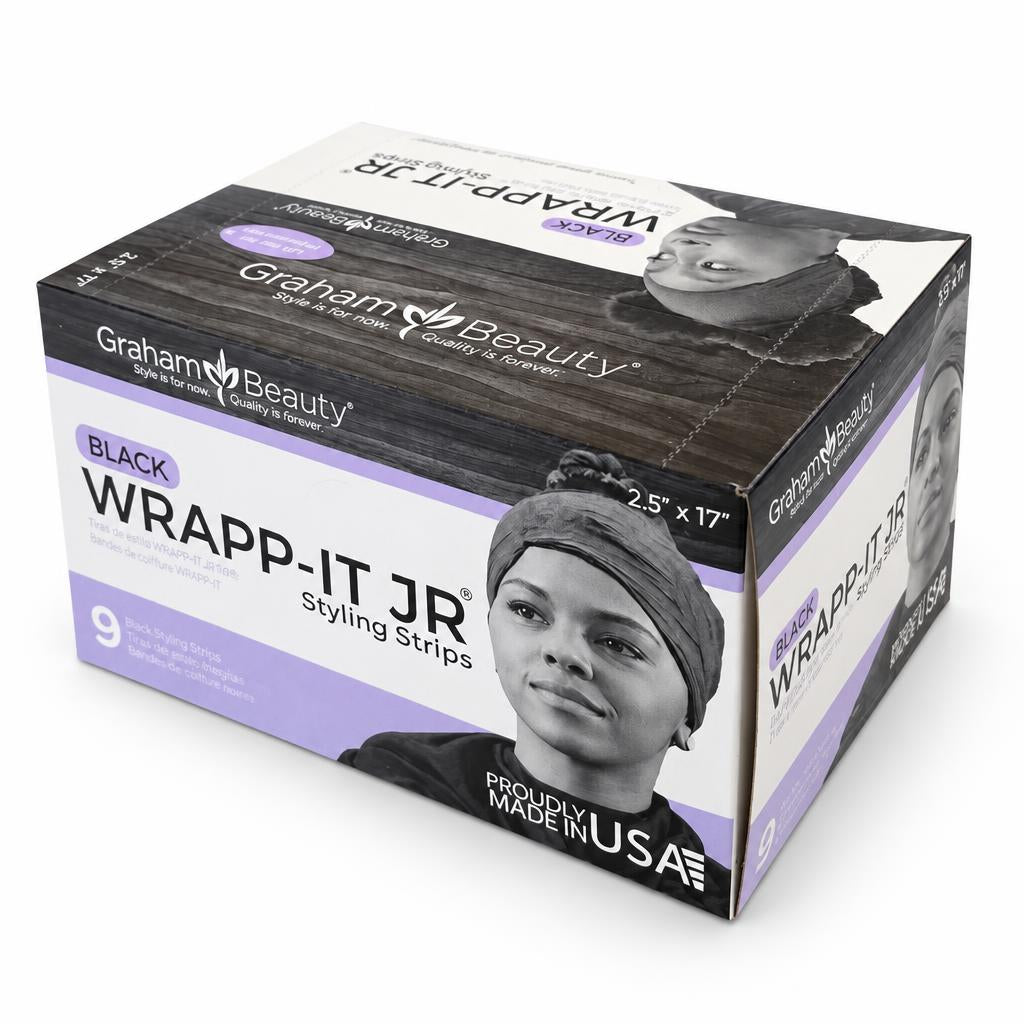 A box of Graham Beauty WRAPP-IT JR styling strips in Black, size 2.5 x 17 inches, containing 9 hair wraps.