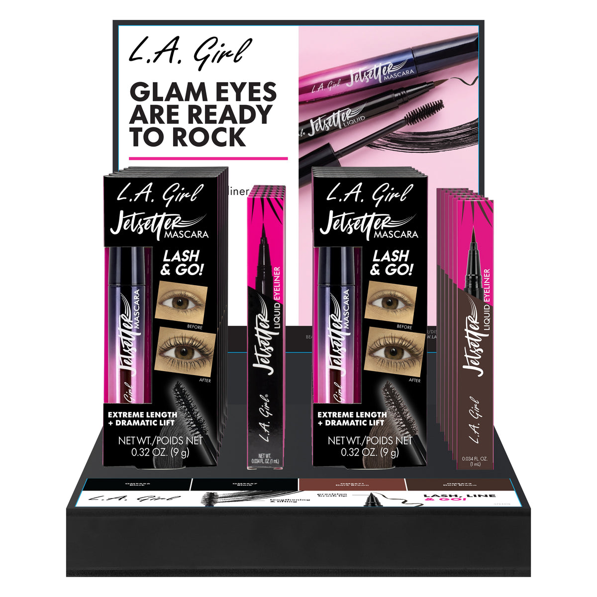 L.A. GIRL Jetsetter Mascara & Eyeliner Styrene Display (9ml, 2colors of Mascara x 6pcs, 2colors of Eyeliner x 6pcs) (GPD589)