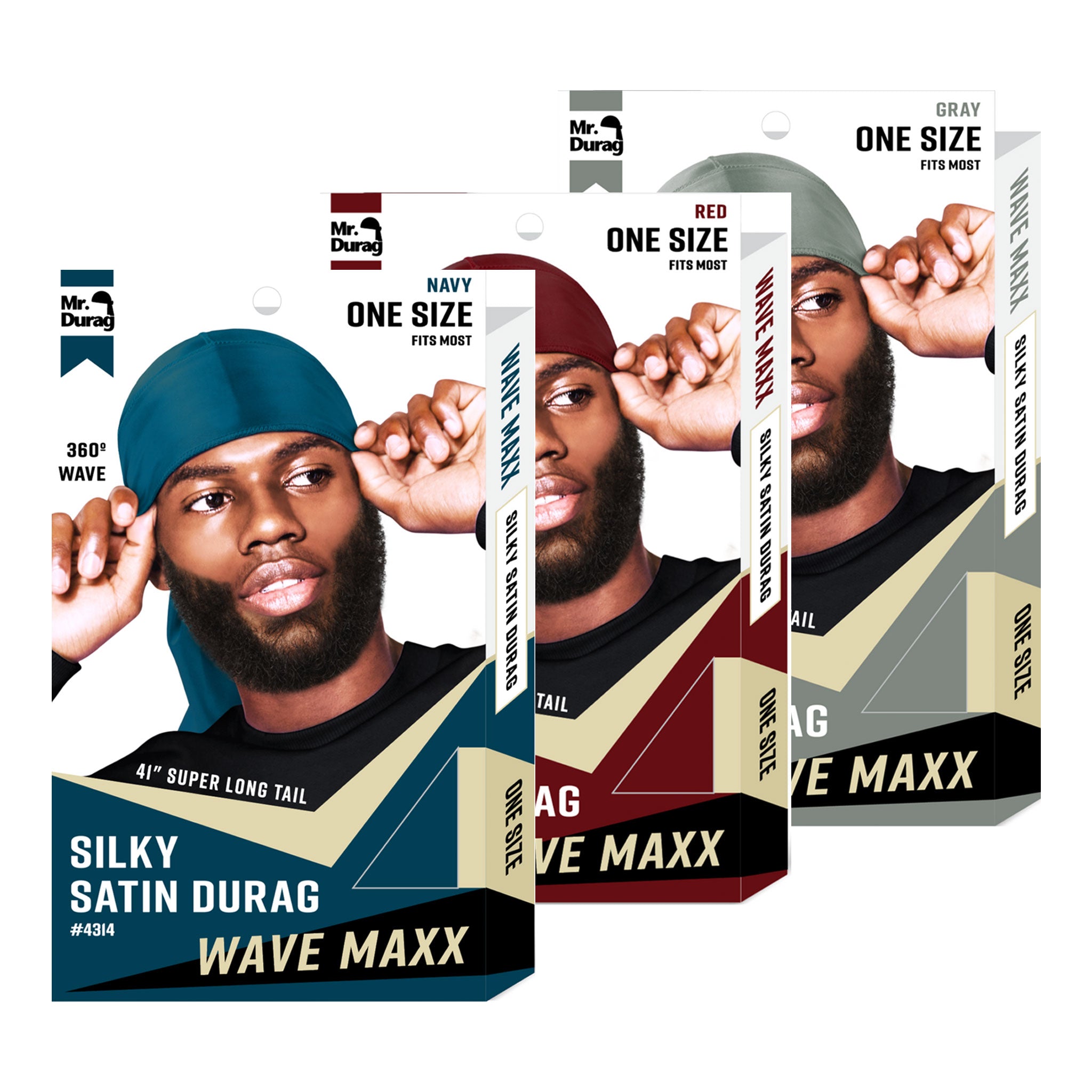 Three boxes of Wave Maxx durag with a man wearing a blue durag, a red durag, and a gray durag.