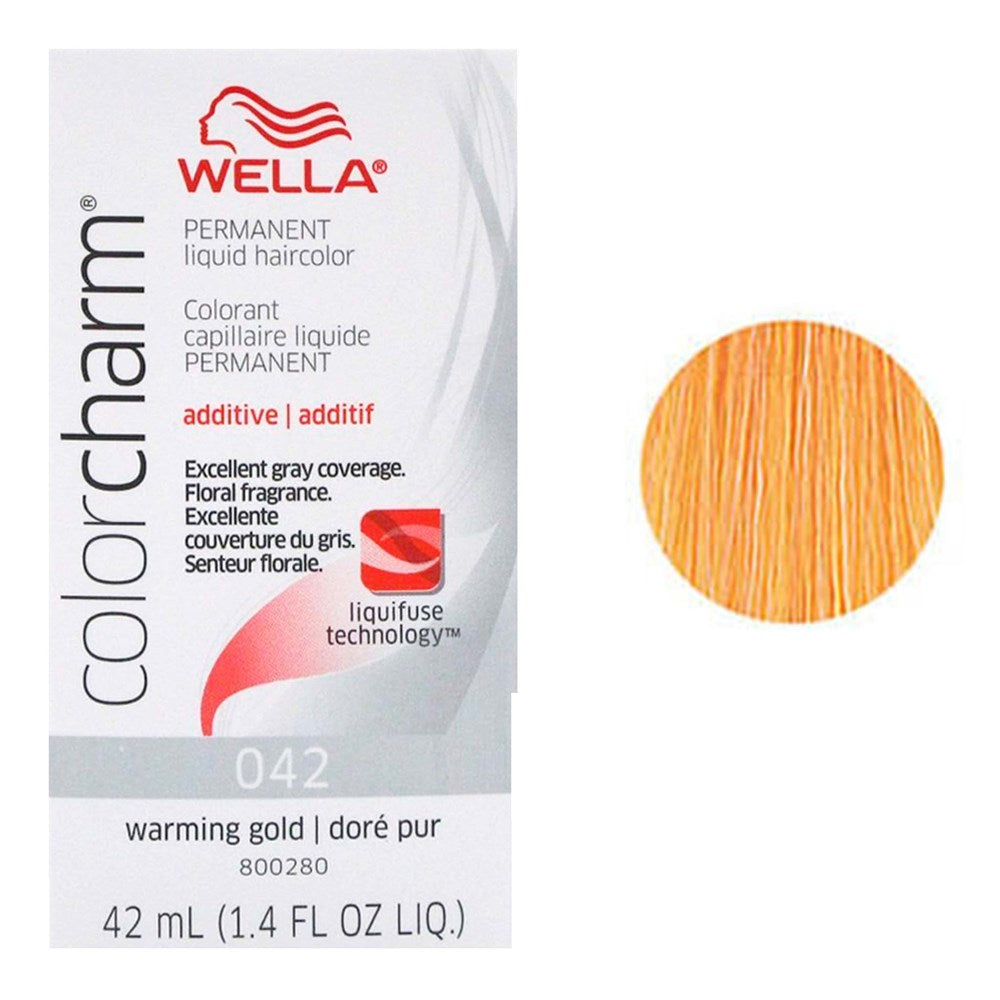Wella Color Charm hair color packaging with warming gold color swatch on a white background