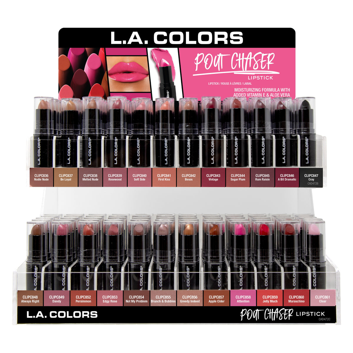 L.A. COLORS Pout Chaser Lipstick Acrylic Display (24shades x 12pcs) (CAD472.1)