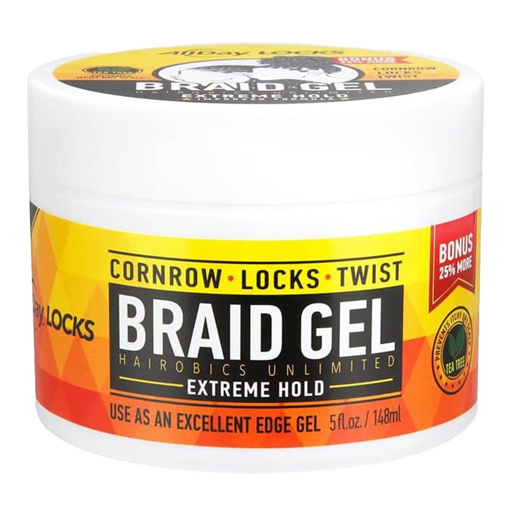 Cornrow Locks Twist Braid Gel container with colorful label on a white background