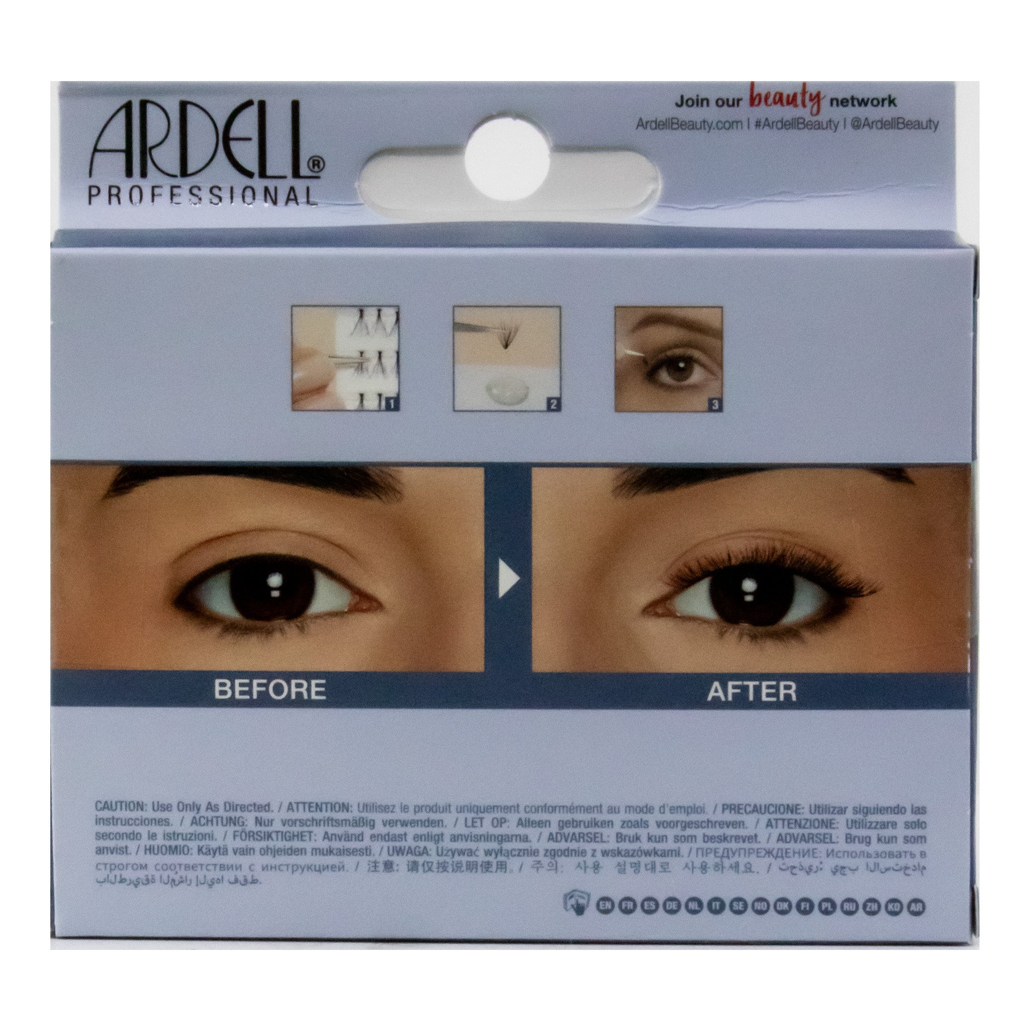 Ardell eyelash packaging with 'Before' and 'After' effect on a white background