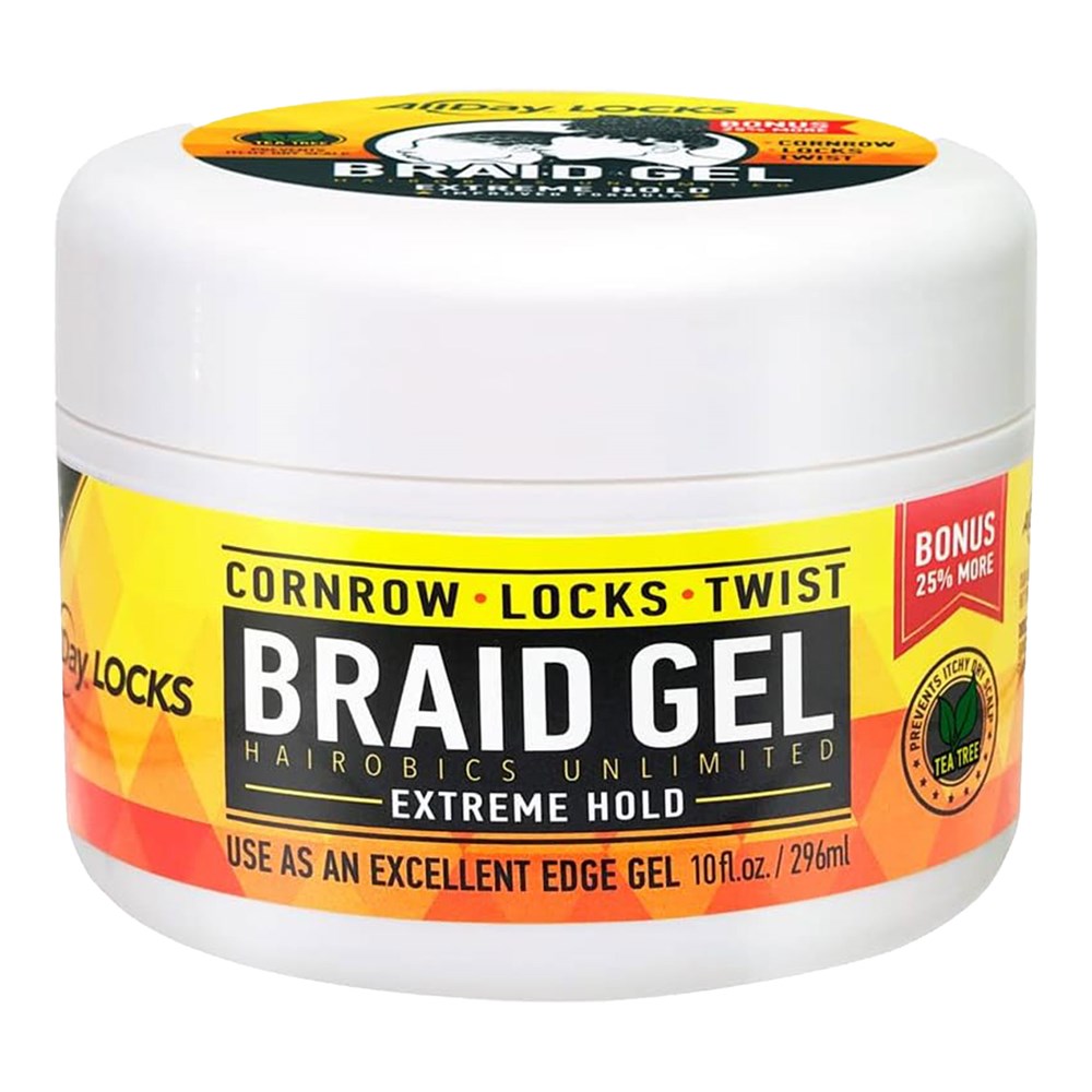 Jar of Cornrow Locks Twist Braid Gel with colorful label on a white background