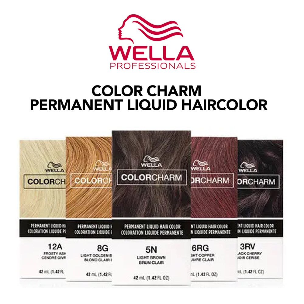 Wella Color Charm permanent liquid haircolor packaging with color swatches and product names.