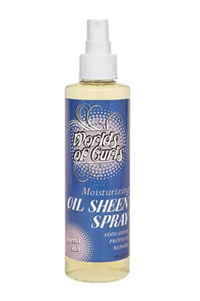 Bottle of 'Worlds of Curls' Oil Sheen Spray on a white background