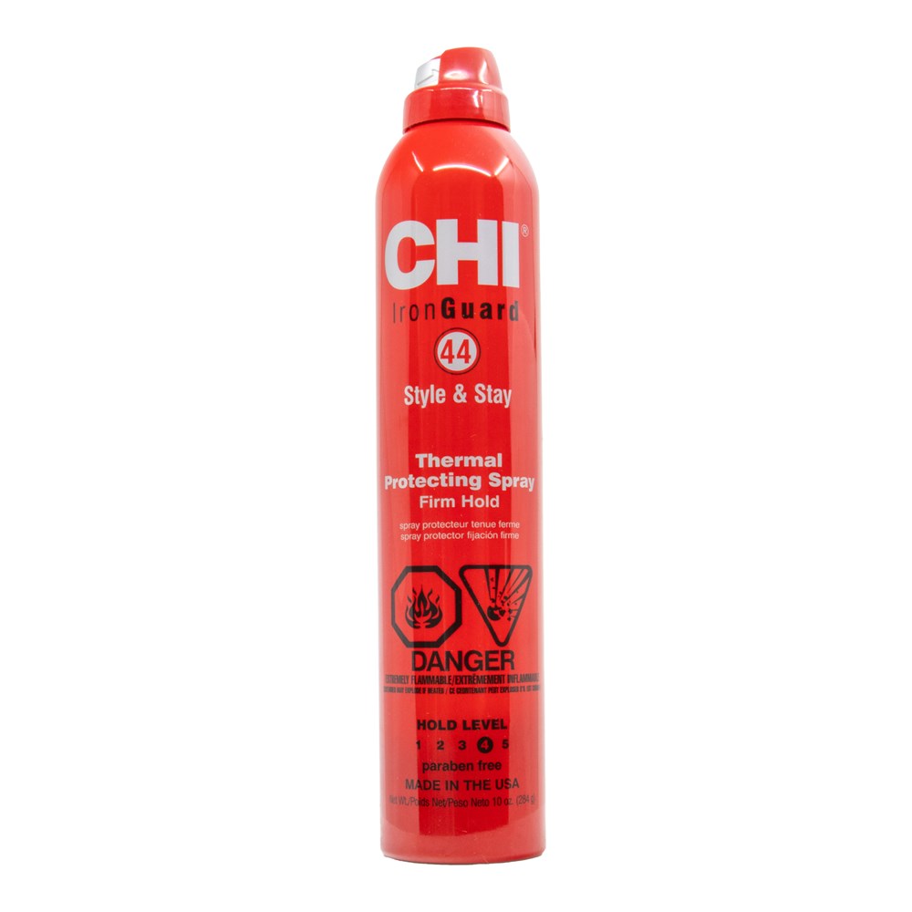Red spray bottle of CHI Iron Guard thermal protecting spray on a white background