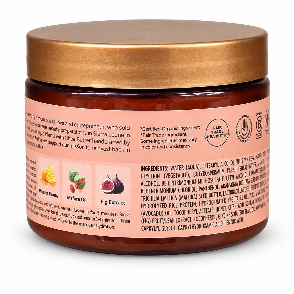 A jar of Shea Butter handcrafted by Sierra Leone on a white background, showing the back label with ingredients and certification logos.
