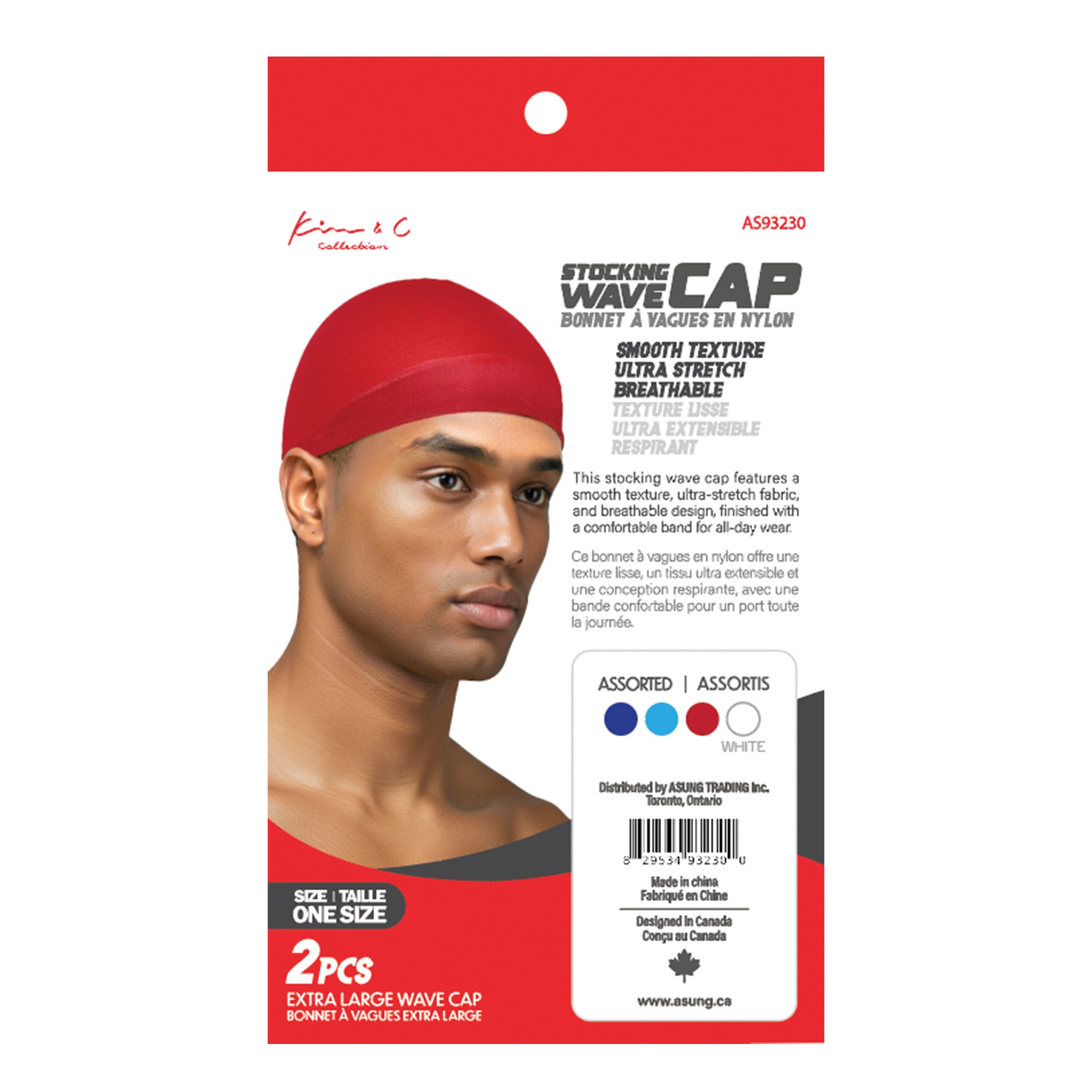 Red stocking wave cap packaging with a model wearing the cap on a white background