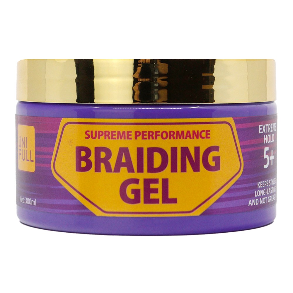 Purple jar of braiding gel with gold lid on a white background