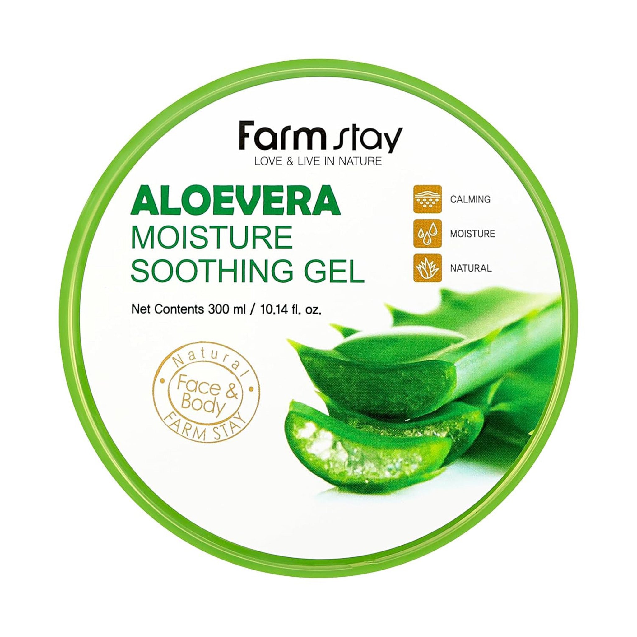Farm Stay Aloe vera moisture soothing gel packaging with aloe vera leaves on a white background