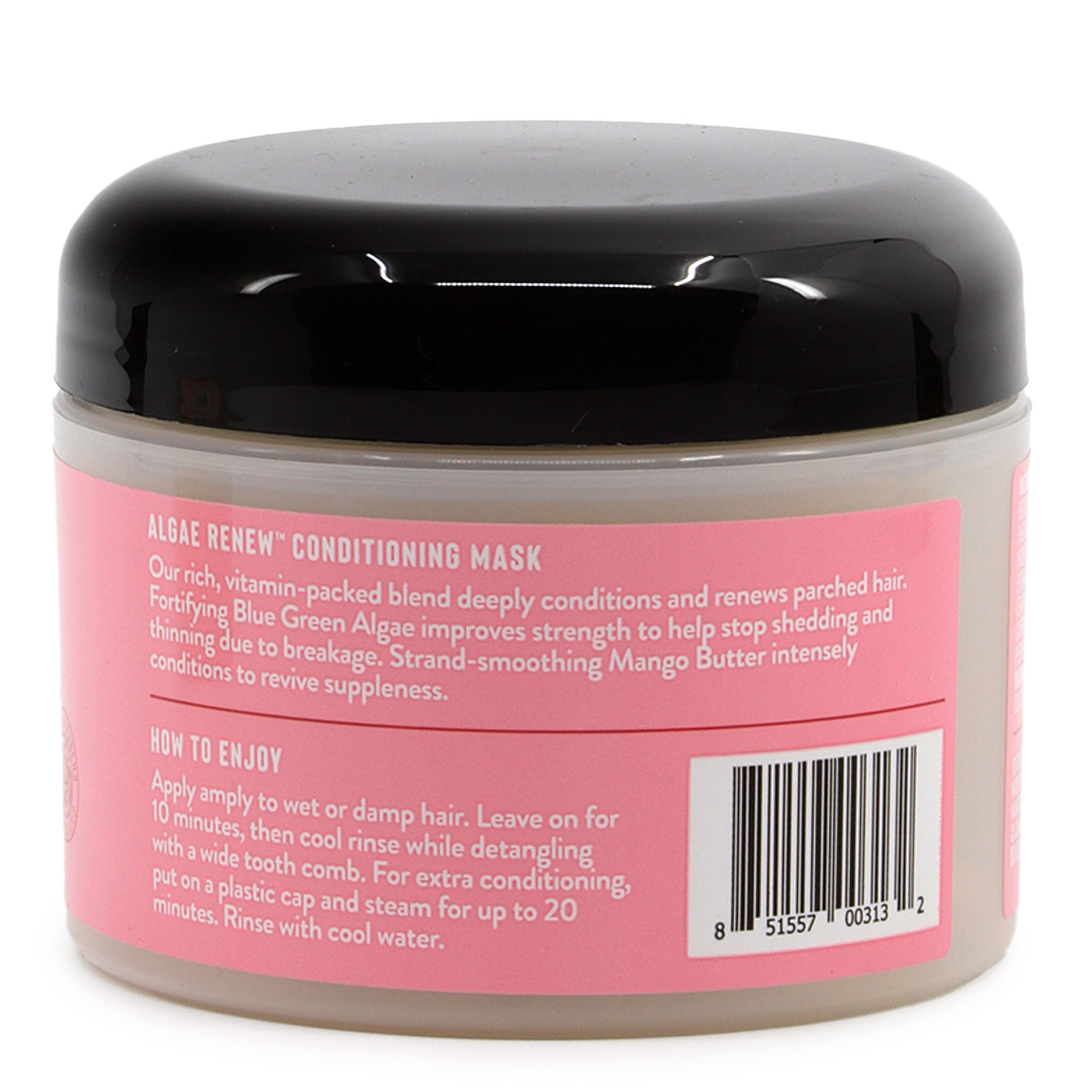 Back view of a jar of Aloe Renew Conditioning Mask with pink label and black lid.