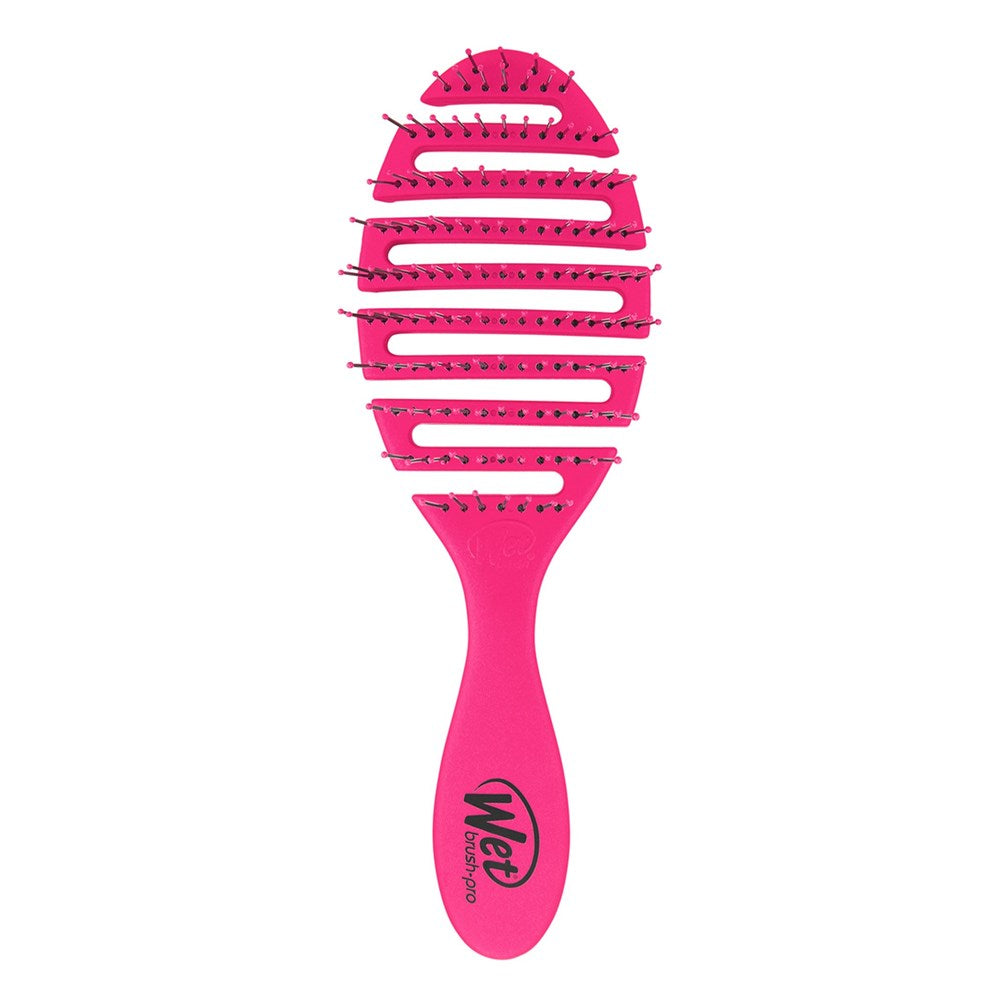 Pink hairbrush with multiple rows of teeth on a white background