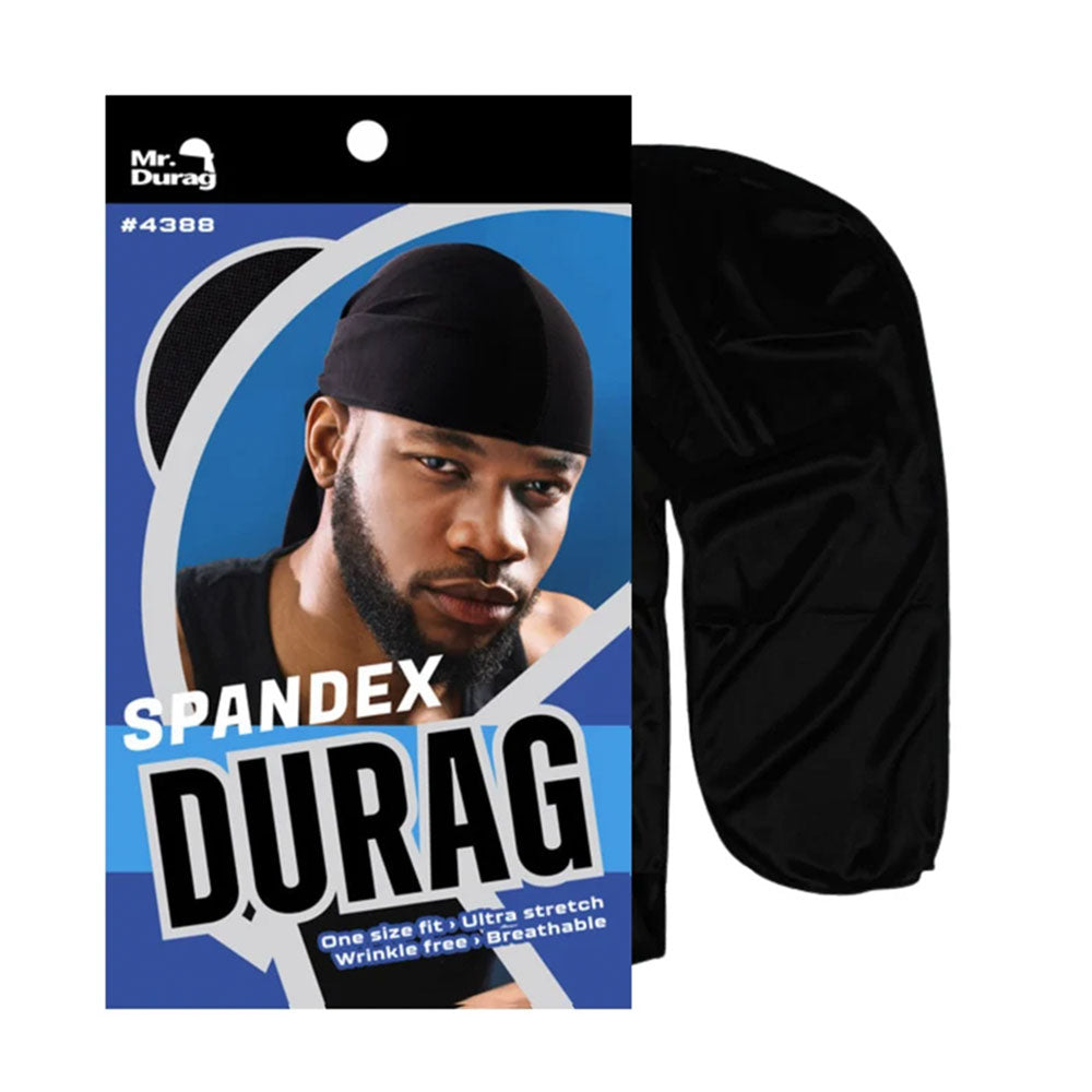 Mr. Durag Spandex Durag #4388 in black, shown next to its retail packaging card on a white background.