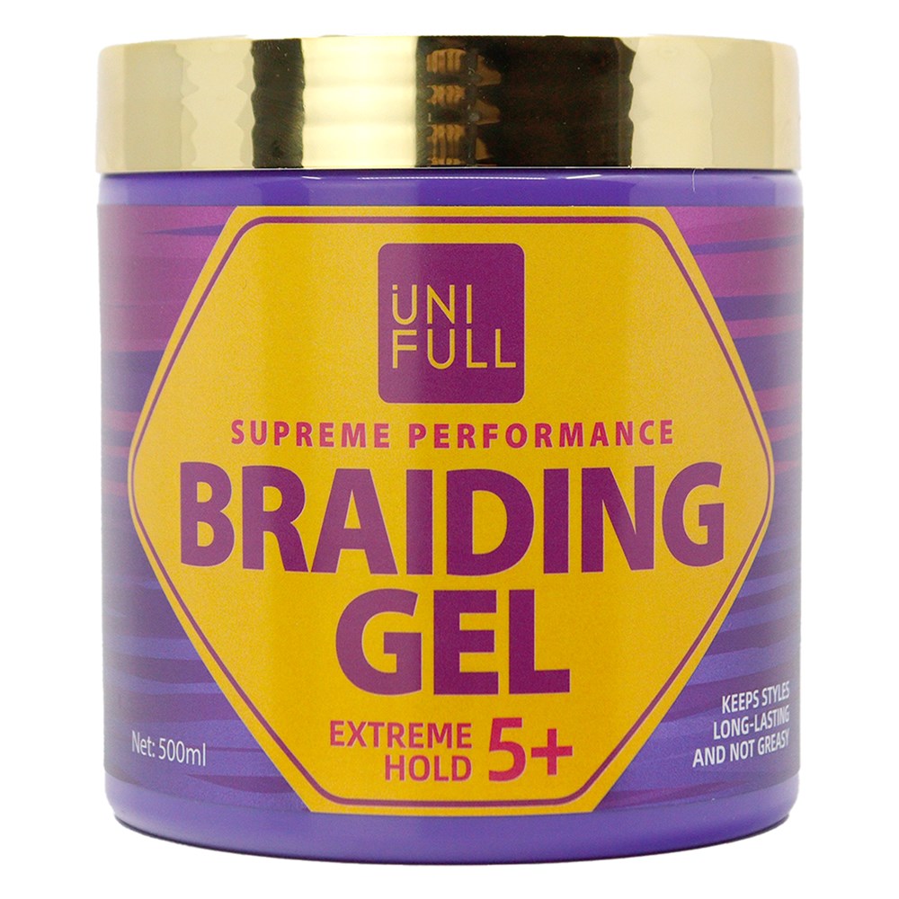 Unifull braiding gel container with purple and yellow design on a white background